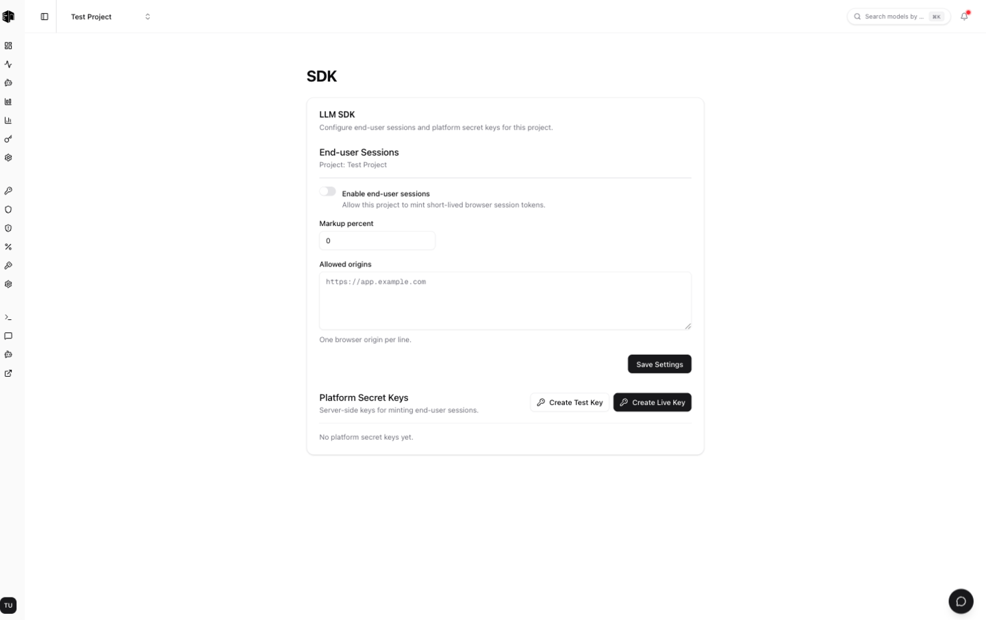 LLM SDK settings showing end-user sessions and platform secret keys